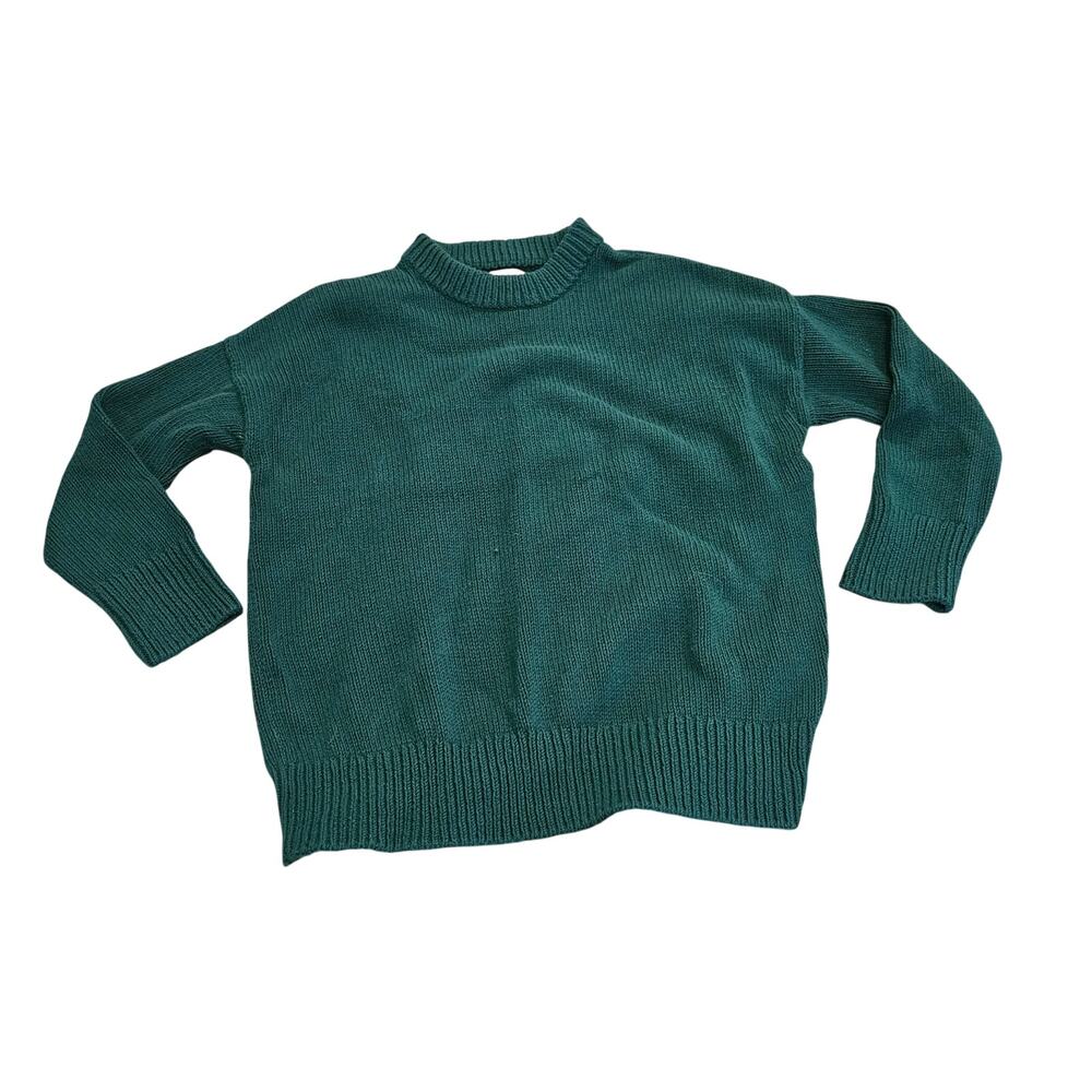 LOFT Women's Large Green Crew Neck Chunky Knit Sweater Cotton Blend Long Sleeve